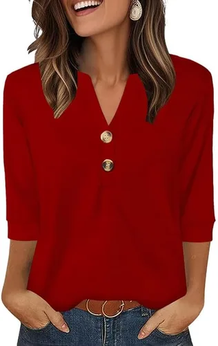 Vista 6 de OFEEFAN - Camisetas de manga 3/4 estilo Henley para mujer, blusas de moda de otoño 2025, atuendos escolares para maestras Raya
