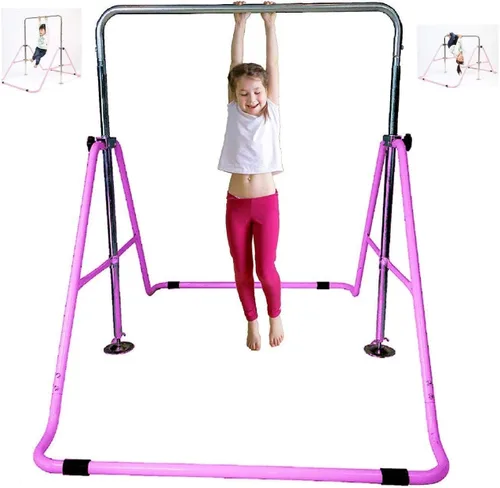 Vista 4 de Monkey Bar Barras horizontales Niños Junior Entrenamiento Juego Altura Ajustable Barra de Balance Plegable Rosa con Esterilla de Gimnasia 6' x 2