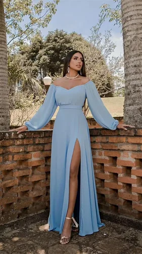 Vista 4 de LOHBT Vestidos de dama de honor con hombros descubiertos para mujer, manga larga, gasa, formal, vestido de fiesta de noche, vestido de graduación