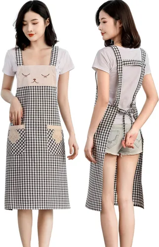 Vista 20 de NEWGEM Delantal 100% algodón con espalda cruzada para mujer con 2 bolsillos, correas de botón ajustables, sin dolor de cuello, delantal de chef