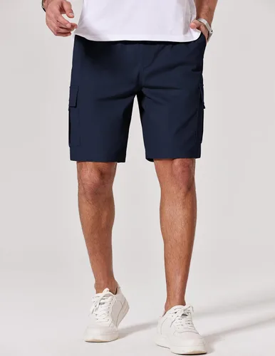 Vista 2 de COOFANDY Pantalones cortos cargo de sarga de algodón para hombre, con cordón elástico, cintura elástica, casual, con 5 bolsillos