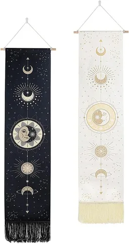 Vista 12 de Ochine Paquete de 2 tapices de fase lunar para colgar en la pared, tapices bohemios, fases blancas y negras, decoración del hogar para sala de estar