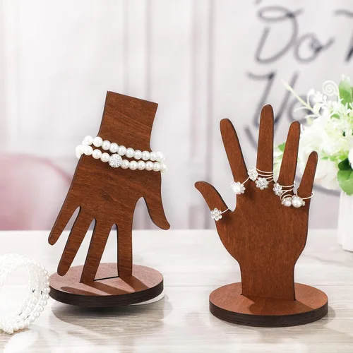 Vista 6 de Weysat 12 piezas de madera forma de mano pulsera joyería soporte soporte de exhibición estética joyería maniquí dedos joyería organizador, Marrón
