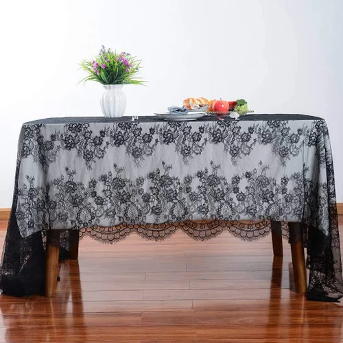 Vista 3 de Mantel de encaje rectangular de 60 x 120 pulgadas, mantel clásico de encaje vintage con superposición de encaje negro para suministros de fiesta