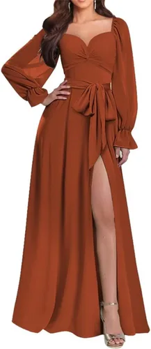 Vista 3 de Vestidos de dama de honor con mangas largas de gasa cuello en V vestidos de noche para invitados de boda