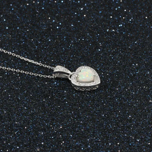 Vista 6 de Lam Sence Collar con colgante de ópalo creado en forma de corazón de plata esterlina (corazón de halo de ópalo de 0.236 in)