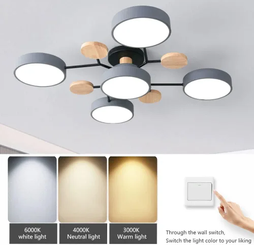 Vista 8 de Lámpara de techo LED moderna, lámpara LED regulable de 55 W, lámpara de techo moderna de montaje empotrado, lámpara de techo de madera para sala