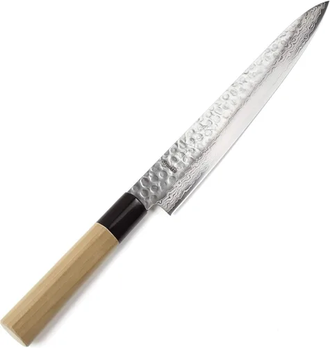 Vista 22 de Cuchillo japonés martillado Damasco VG-10 46 capas de mango de madera de magnolia octogonal, 6 pulgadas (5.906 in)