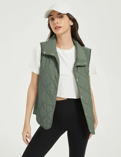 Vista 6 de Flygo Chaleco acolchado para mujer, con cuello alto, ligero, con botones, acolchado, con bolsillos