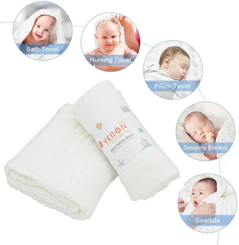 Vista 5 de YEBON ProC - 2 toallas de baño de muselina para bebé, toalla de baño de algodón súper suave, 6 capas, manta para bebé recién nacido, 41.3 x 41.3