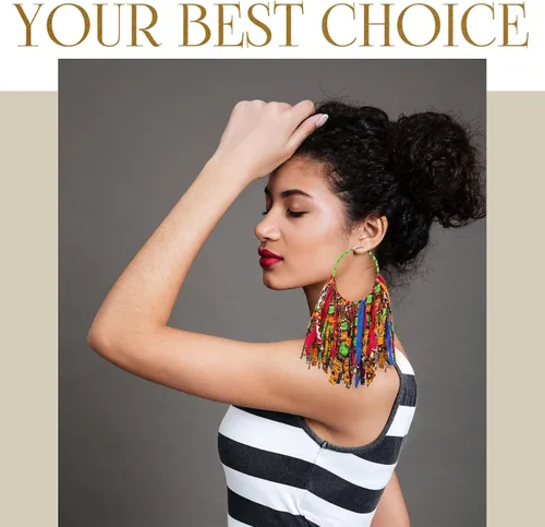 Vista 5 de Bonuci 2 pares de aretes de borla de tela africana Ankara con flecos, aretes africanos para el mes de la historia negra, joyería africana para mujer