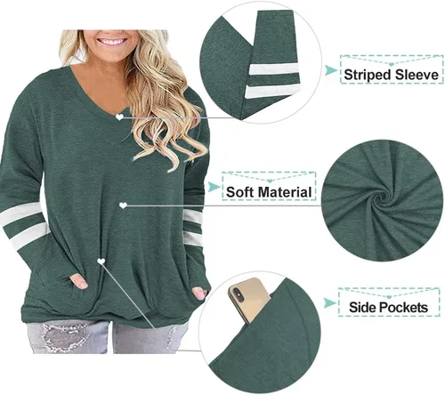 Vista 4 de ROSRISS Plus-Size-Tops for Women Long Sleeve V Neck Shirts Oversized Pockets Tunics