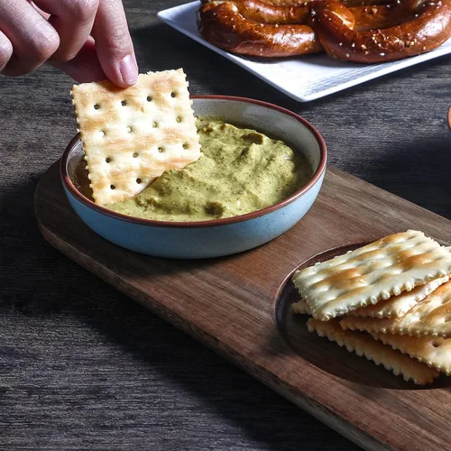 Vista 4 de Artena Juego de 6 Tazas de 177ml de Cerámica Sólida Turquesa para Chips y Dip con Bandeja de Madera de Acacia, Tazas de Servir Pequeñas de 11.4cm