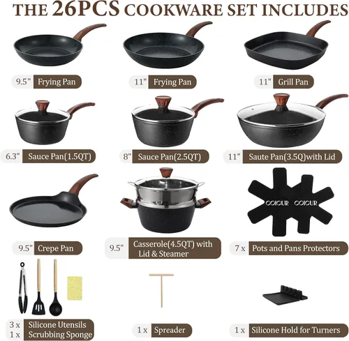 Vista 2 de 26 piezas de ollas y sartenes de cerámica antiadherentes, juego de utensilios de cocina no tóxico compatible con inducción con vaporeras, sin Negro