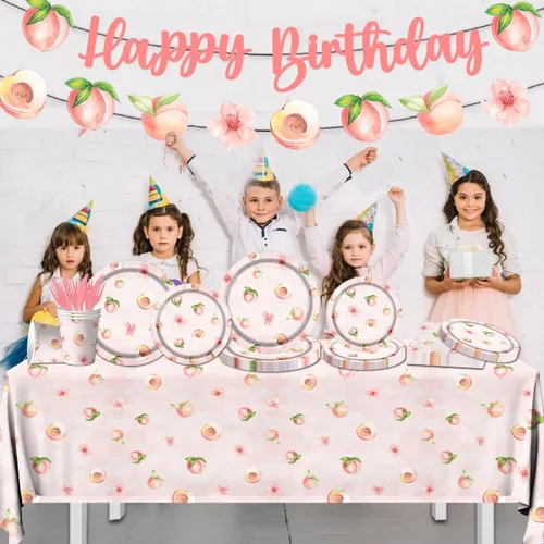 Vista 2 de Suministros para fiesta de cumpleaños de frutas de melocotón, juego de vajilla con temática de cumpleaños de 142 piezas, incluye platos de melocotón