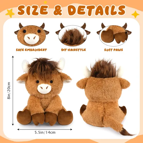 Vista 2 de Highland Cow - Animal de peluche esponjoso de 8 pulgadas con pelo elegante, juguete suave de peluche Kawaii abrazable de vaca para niños, niños