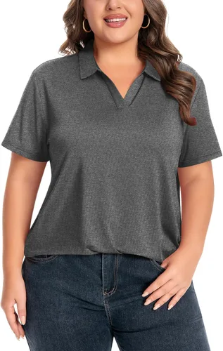 Vista 13 de Idtswch Camisa polo de manga corta con cuello en V para mujer, de secado rápido, UPF 50+, informal, para trabajo, golf, talla XL - 6XL
