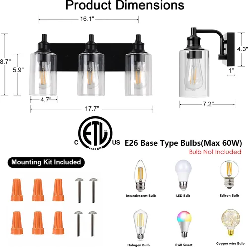 Vista 2 de Lámparas de baño de 3 luces, modernas luces de tocador negras para accesorios de iluminación de baño, accesorios de iluminación sobre espejo