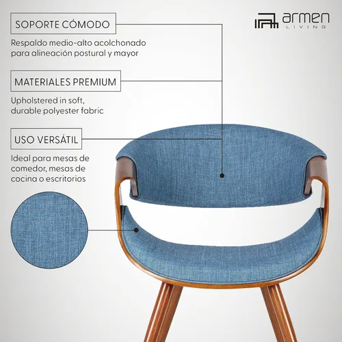 Vista 10 de Armen Living Silla de comedor de mariposa estilo mediados de siglo en acabado de nogal y tela azul - Juego de 4