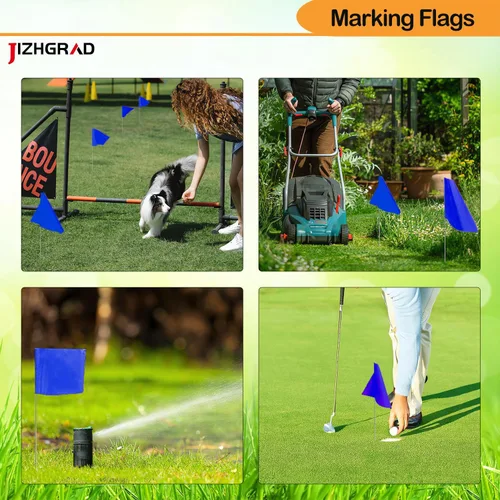 Vista 5 de Paquete de 100 banderas de marcado azules, 16 x 4 x 5 pulgadas, uso para patio y césped, entrenamiento de límites y perros, topografía y paisaje