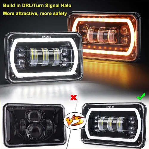 Vista 8 de 4 piezas de faros delanteros LED de 4x6 con anillo de halo blanco y amarillo, haz sellado alto y bajo, H4651 H6545 H4668 H4656, reemplazo de faros