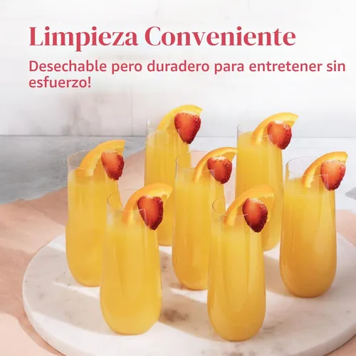 Vista 6 de Prestee Paquete de 24 copas de champán de plástico sin tallo, vasos desechables transparentes de 9 onzas para vino, cócteles, mimosas, copas
