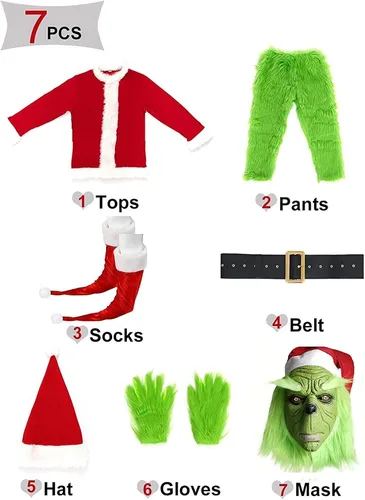 Vista 6 de Vukrtuo Disfraz de monstruo verde 7 piezas traje de Papá Noel peludo de lujo disfraz de cosplay verde