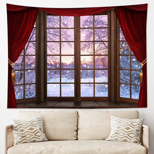 Vista 9 de HVEST Tapiz de bosque de invierno para colgar en la pared, montaña, nieve y pino, exterior, ventana de Navidad, arte de pared, tapiz de invierno