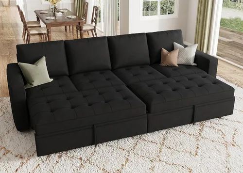 Vista 11 de HONBAY - Sofá seccional modular con cama desplegable, sofá convertible de lino en forma de L con asiento de almacenamiento, sofás seccionales