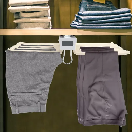 Vista 4 de Perchero extraíble para pantalones de doble fila y 22 brazos para armario, organizador de pantalones extraíbles para guardarropa, dormitorio (beige)