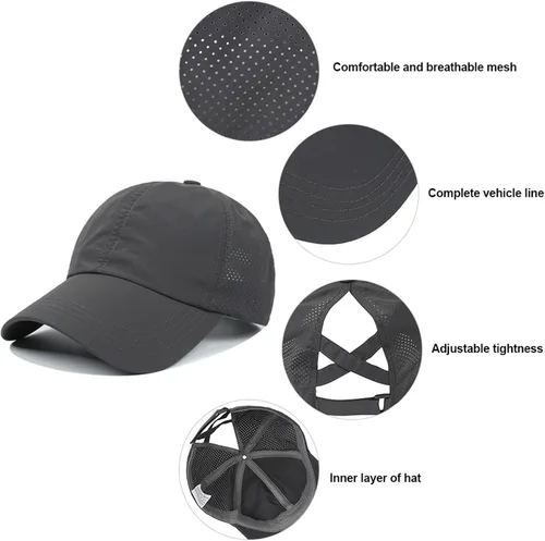 Vista 9 de Gorra de béisbol mejorada para mujer, con diseño de cola de caballo cruzada, ajustable, con moño, de secado rápido, gorra de camionero