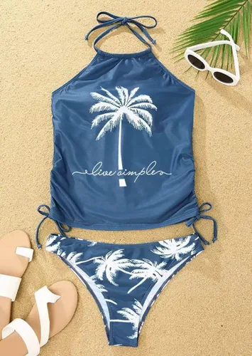 Vista 4 de Conjunto de tankini de árbol de coco para mujer, sexy, cuello halter, espalda descubierta, con cordón lateral, traje de baño