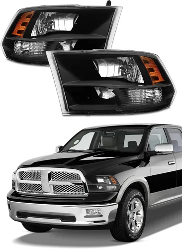 Vista 3 de Juego de faros delanteros 2009-2018 Dodge Ram 1500, 2010-2018 Dodge Ram 2500/3500 estilo cuádruple y doble con carcasa negra y reflector ámbar