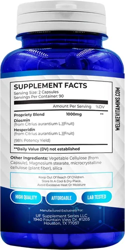 Vista 4 de We Like Vitamins Diosmina Hesperidina 1000 mg – 180 cápsulas – Suministro para 90 días – Suplemento de diosmina y hesperidina – Ayuda a apoyar