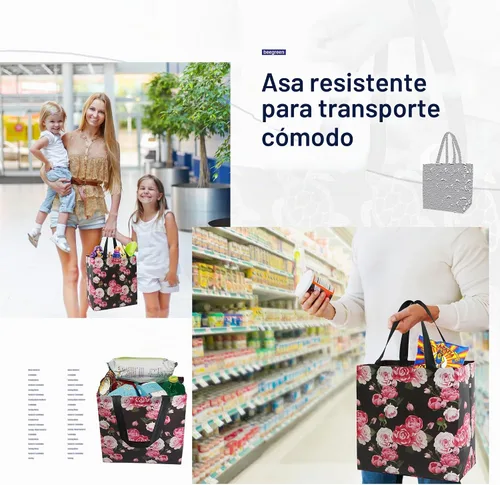 Vista 6 de BeeGreen Bolsas reutilizables con flores para comestibles, paquete de 6 - Grandes bolsas plegables con asas resistentes para comestibles pesados