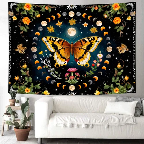Vista 4 de Delur Tapiz de mariposa y luna, flores, botánico, floral, bohemio, tapiz para colgar en la pared, mandala estético, hongo, retro, vintage, cabecero