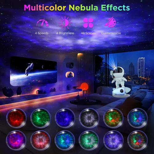 Vista 2 de Proyector de galaxia astronauta para dormitorio, proyector de estrellas luz de galaxia con aplicación y control remoto, ruidos blancos, altavoz