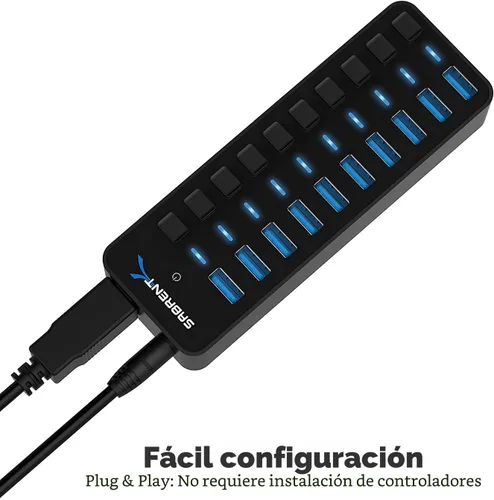 Vista 3 de SABRENT Concentrador USB 3.0 alimentado de 10 puertos y 60 W, interruptores
