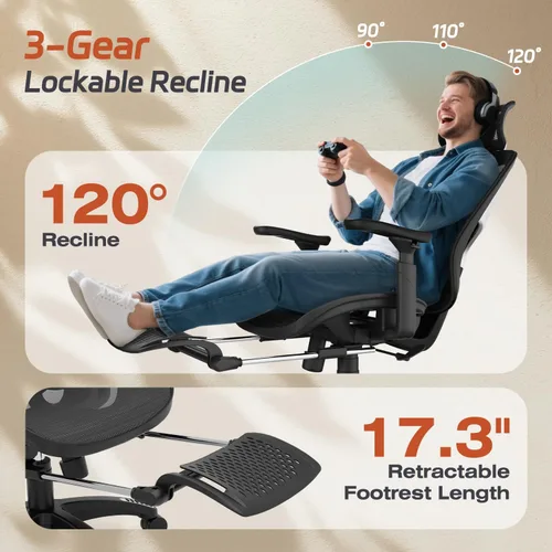 Vista 5 de Ergonomic Home Mesh Chair with Footrest, Lumbar Height Adjustment & 215° Rotate Armrests, Recline Lock 90°–120°, High-Back Big and Tall Computer