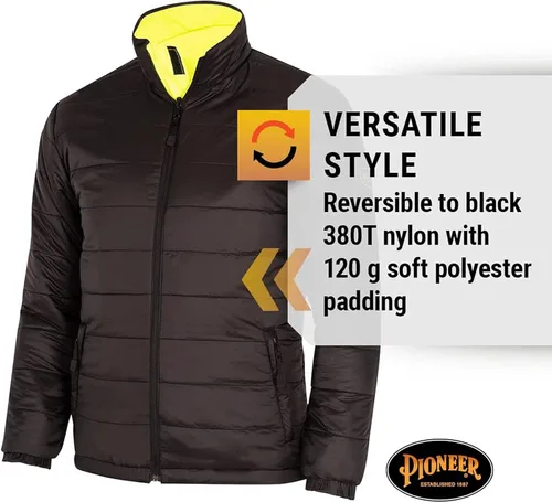 Vista 5 de Pioneer Hi Vis - Chaqueta impermeable de seguridad 2 en 1 para hombres y mujeres, se invierte a un acolchado negro, equipo impermeable reflectante