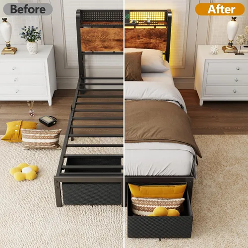 Vista 8 de Furnulem Base de cama individual con 2 cajones de almacenamiento y estación de carga, base de cama de plataforma individual con cabecero y luces
