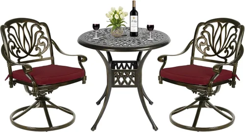 Vista 15 de Juego de comedor de patio al aire libre de 3 piezas, juego de conversación de aluminio fundido para todo tipo de clima con 2 cojines giratorios
