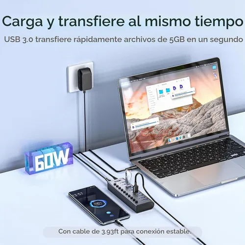 Vista 3 de SSK Concentrador USB 3.0 alimentado por 10 puertos, concentrador de carga