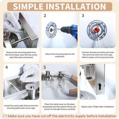 Vista 9 de Quntis Lámparas de baño de níquel cepillado con 5 modos de color, lámpara de tocador de baño moderna regulable de 3 luces sobre espejo, lámpara