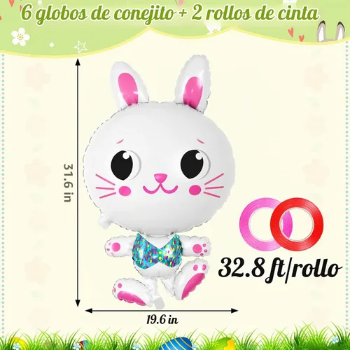Vista 2 de 6 globos de conejo, globos grandes de conejo de Pascua de 32 pulgadas, globo de aluminio en forma de conejo, lindo globo de conejo de Mylar