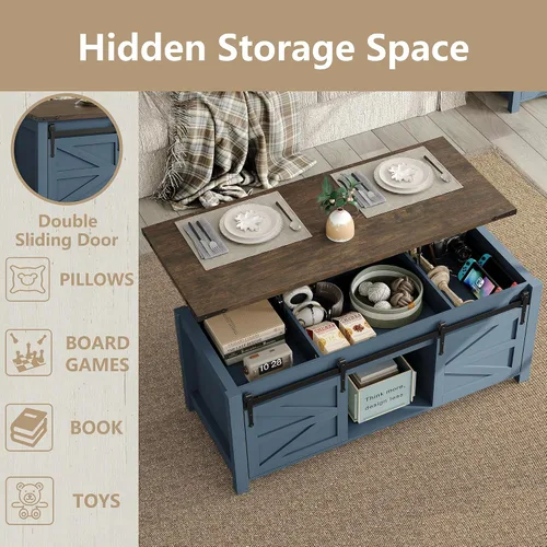 Vista 5 de Furnihold Mesa auxiliar elevable, mesa de centro de granja de 47.3 pulgadas con gran compartimento de almacenamiento oculto y puertas corredizas