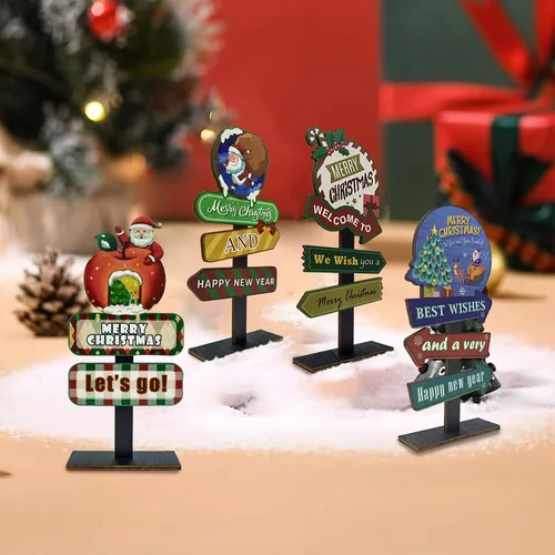 Vista 5 de Decoraciones de mesa de Navidad, 4 tableros rectangulares de madera, estilo rústico de granja, policromo, 8.86 x 4.72 pulgadas, montaje en pared