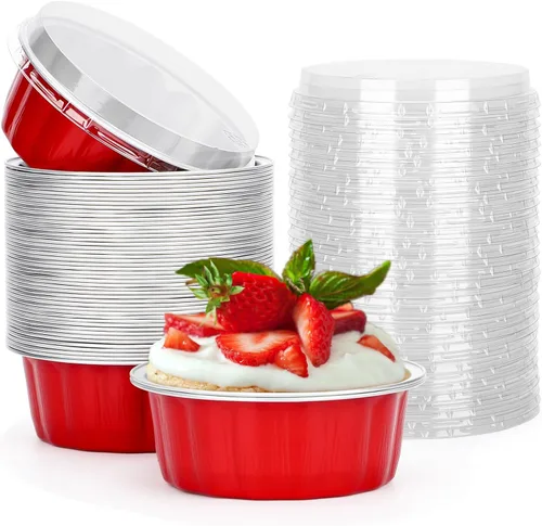 Vista 70 de Beasea Disposable Ramekins with Lids, 50 Pack 8oz 235ml Aluminum Foil Baking Cups with Lids, Aluminum Creme Brulee Ramekins Muffin Cupcake Pudding