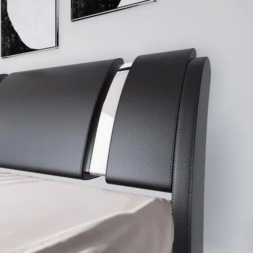 Vista 4 de Allewie Base de cama Queen con plataforma con decoración de piezas de hierro, base tapizada con piel sintética, cabecera ajustable y listones