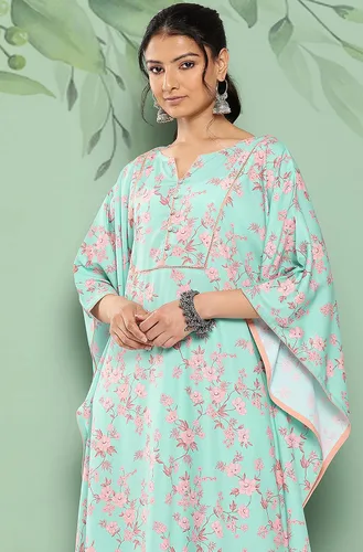 Vista 6 de Janasya Kaftan indio con estampado digital de crepé verde mar con pantalones para mujer